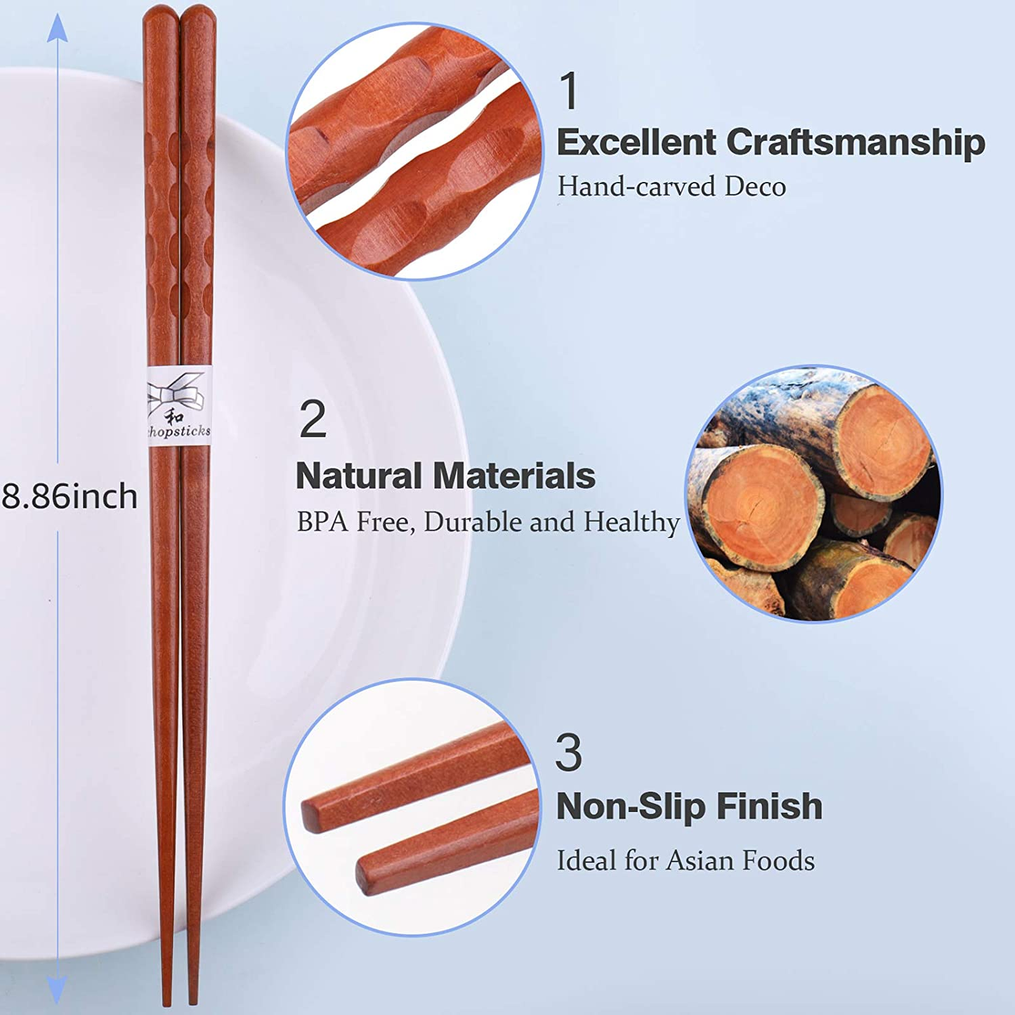 GLAMFIELDS Reusable Chopsticks Japanese Natural Wooden 5 Pairs Classic Style Lightweight Hand-Carved Safe Chop Sticks 8.8 Inch/22.5Cm Gift Set
