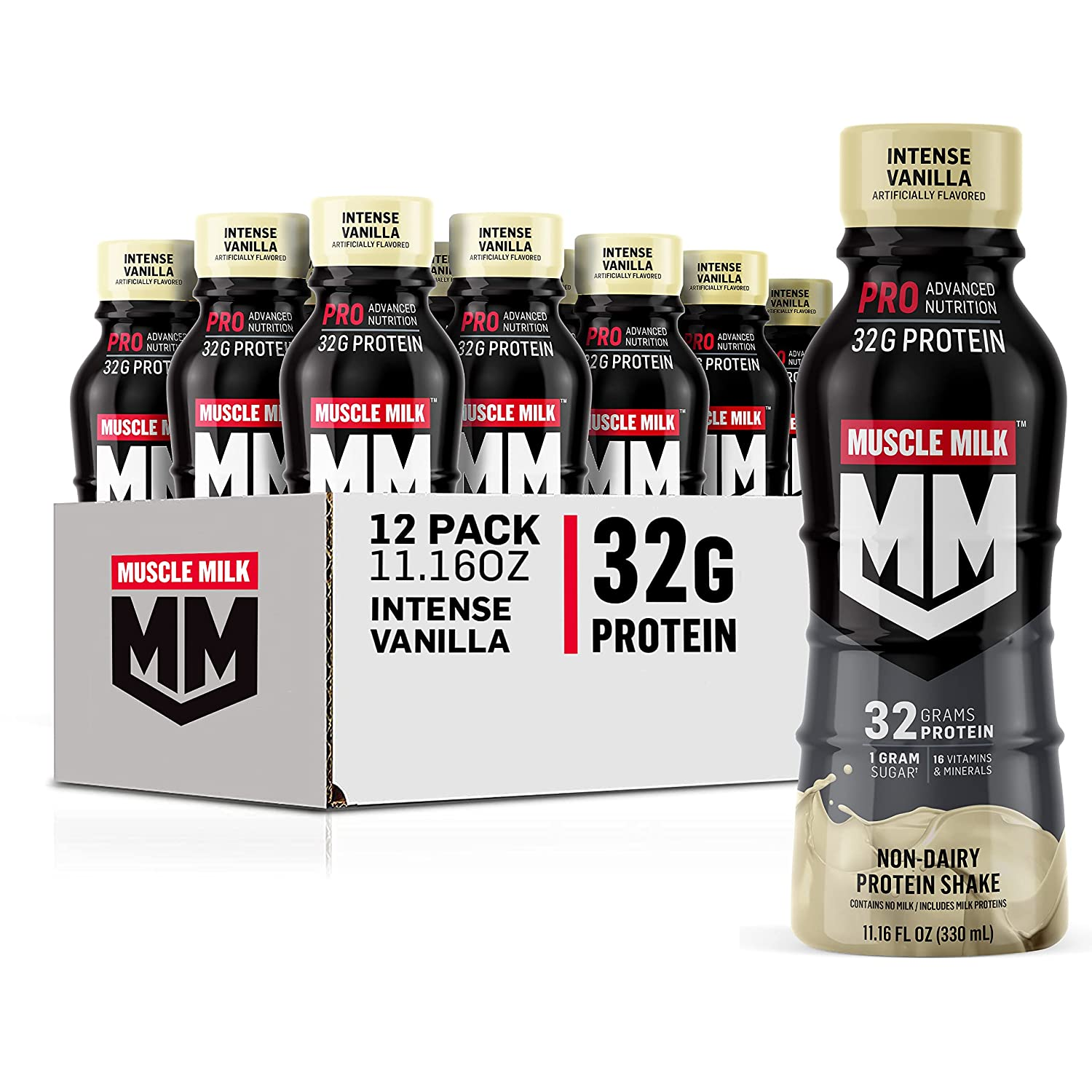 Muscle Milk Pro Advanced Nutrition Protein Shake, Knockout Chocolate, 11.16 Fl Oz Bottle, 12 Pack, 32G Protein, 1G Sugar, 16 Vitamins & Minerals, 5G Fiber, Workout Recovery, Energizing Snack, Packaging May Vary