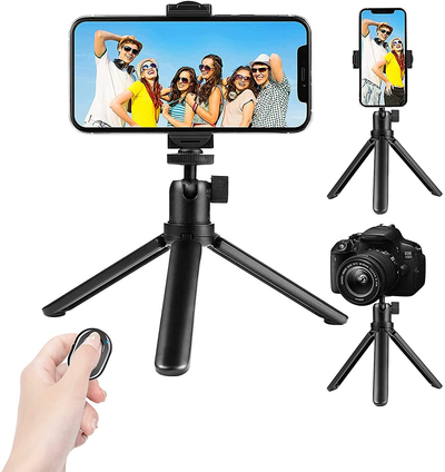Phone Tripod Stand, Portable and Adjustable Cell Phone Camera Desktop Tripod Stand with Wireless Remote and Phone Holder, Compatible with Cellphones & Camera