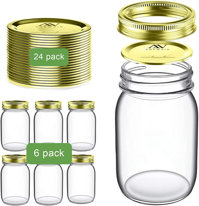 Mason Jars 16OZ, 6 Pack Regular Mouth Jars with Lids and Bands (Split-Type),Extra 24 Lids--Gold