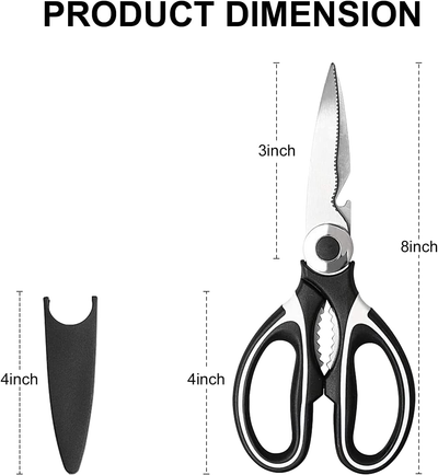 Kitchen Shears Multi Purpose Strong Stainless Steel Kitchen Utility Scissors with Cover Poulry,Fish, Meat, Vegetables Herbs, Bones, Dishwasher Safe (Black)