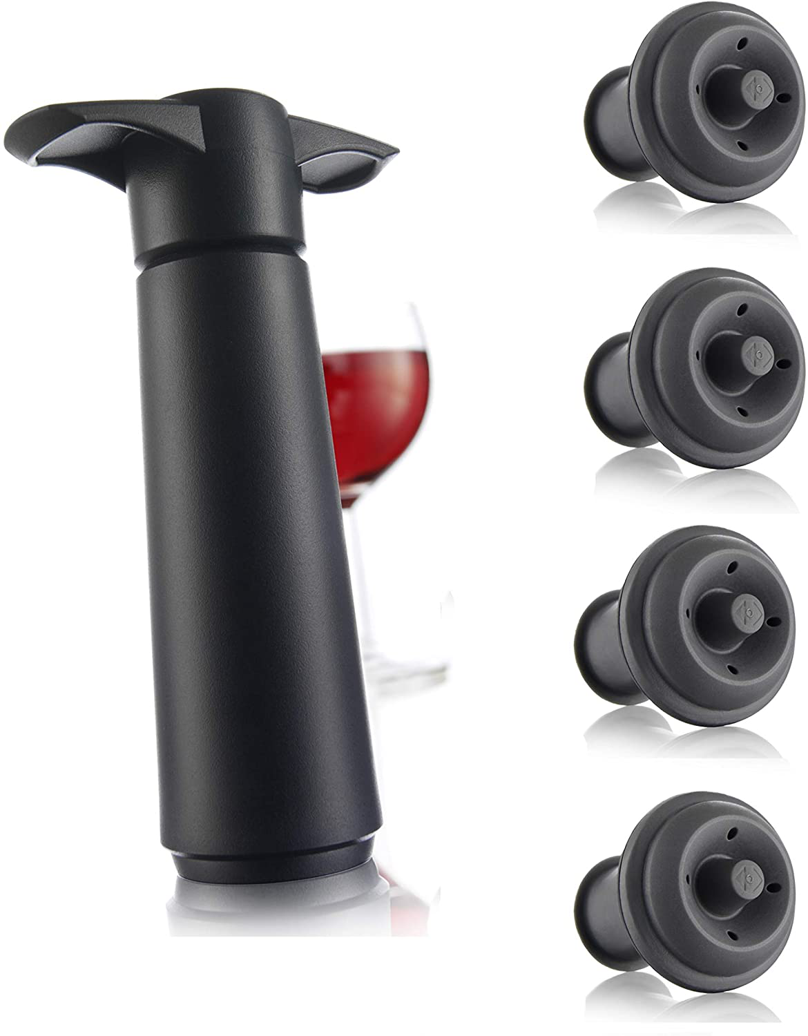 Vacu Vin Wine Saver Pump with 2 x Vacuum Bottle Stoppers (White with 4 Wine Stoppers)