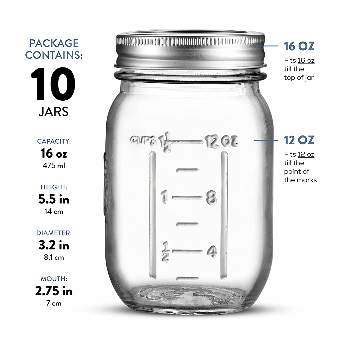 Regular-Mouth Glass Mason Jars, 16-Ounce (5-Pack) Glass Canning Jars with Silver Metal Airtight Lids and Bands with Measurement Marks, for Canning, Preserving, Meal Prep, Overnight Oats, Jam, Jelly,