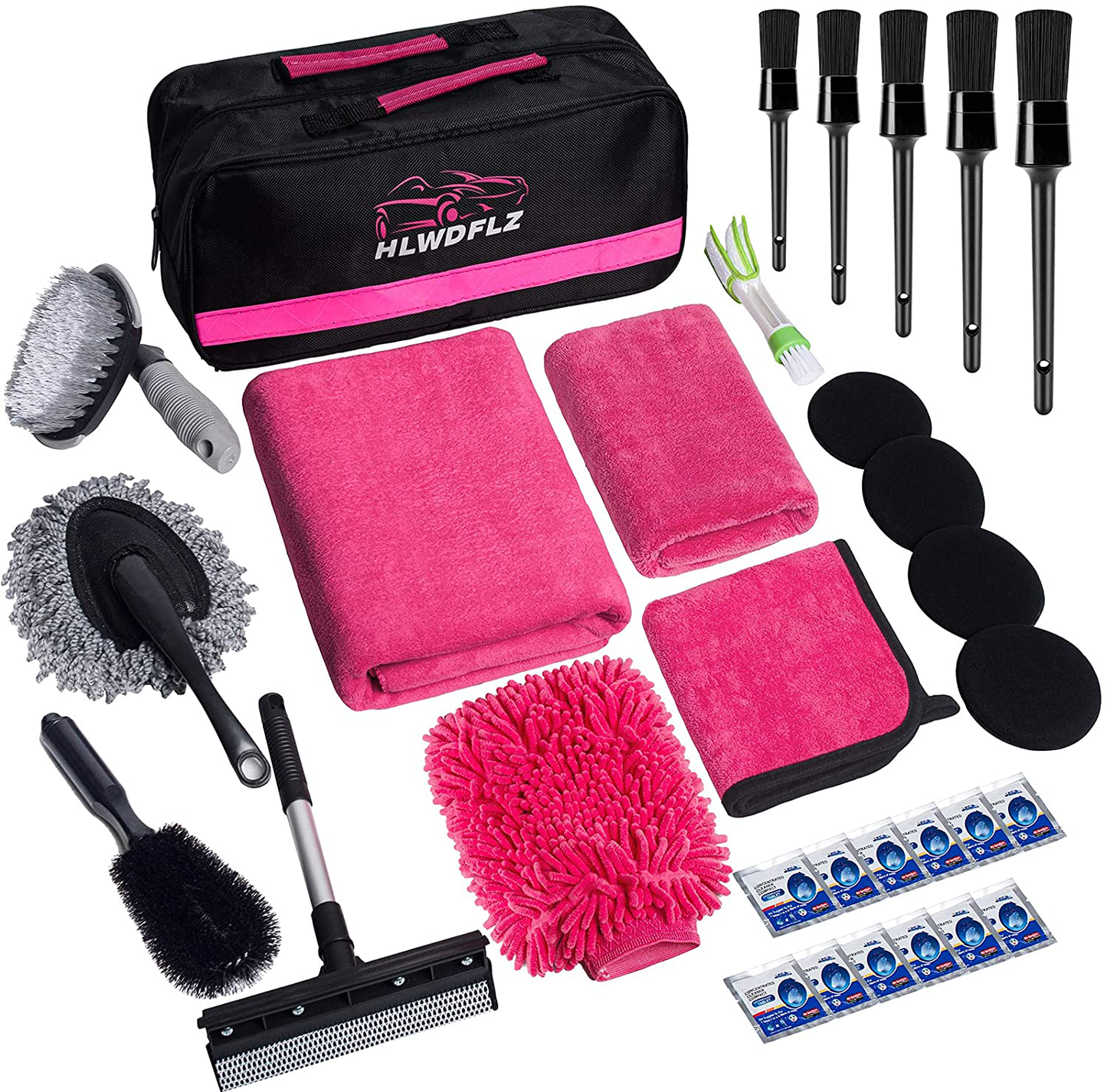 HLWDFLZ 31pcs Car Cleaning Kit, Pink Car Wash Kit and Detailing kit - Car Detailing Brushs, Microfiber Cleaning Cloth, Tire Brush, Window Scraper for Cleaning Car Interior Exterior