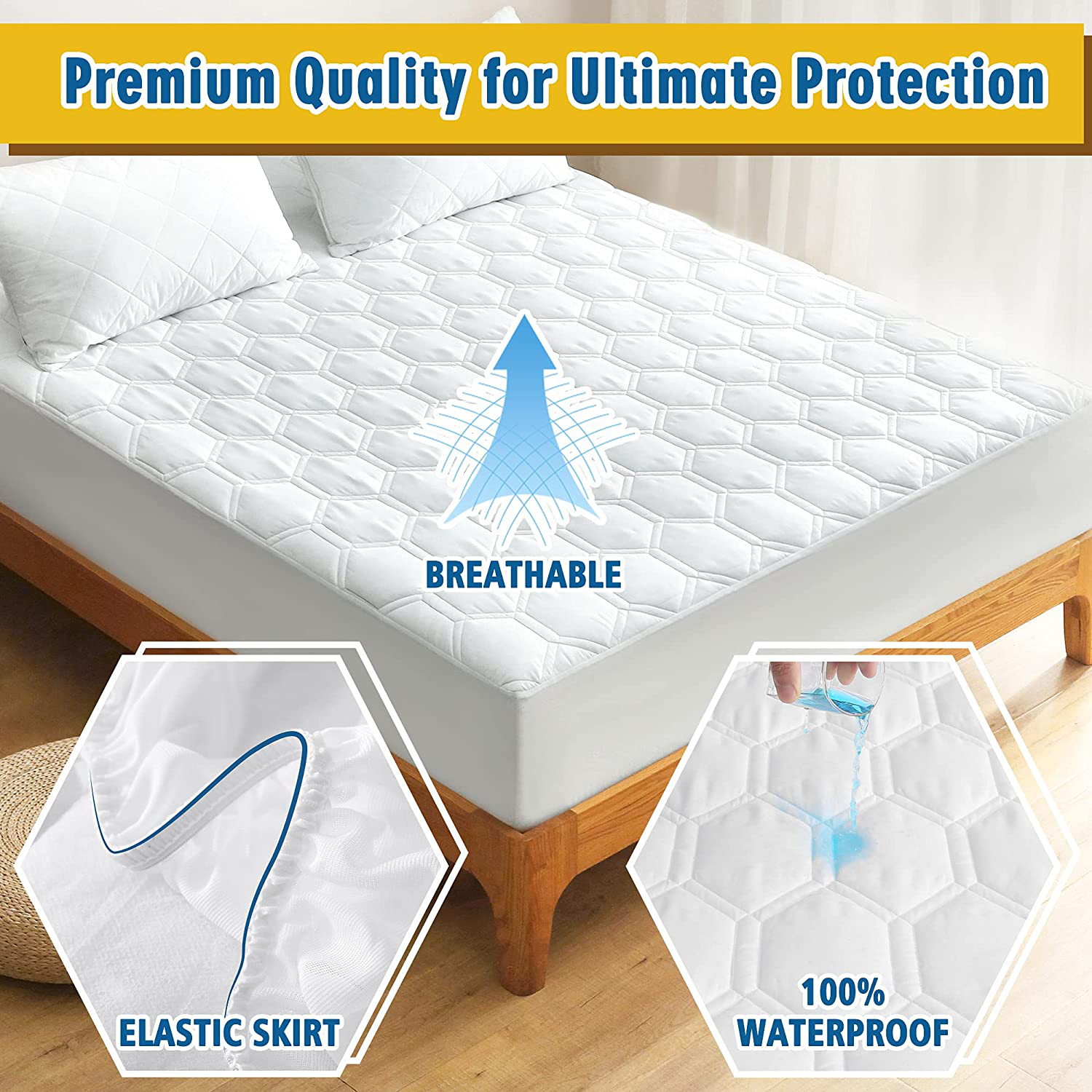 Waterproof Mattress Pad for Queen Size Bed, Breathable Queen Mattress Protector with 6-18 inches Deep Pocket, Quilted Alternative Hollow Cotton Filling Mattress Cover, White