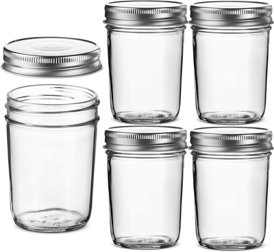 Glass Regular Mouth Mason Jars, Glass Jars with Silver Metal Airtight Lids for Meal Prep, Food Storage, Canning, Drinking, Overnight Oats, Jelly, Dry Food, Spices, Salads, Yogurt (5 Pack) (8 Ounce)
