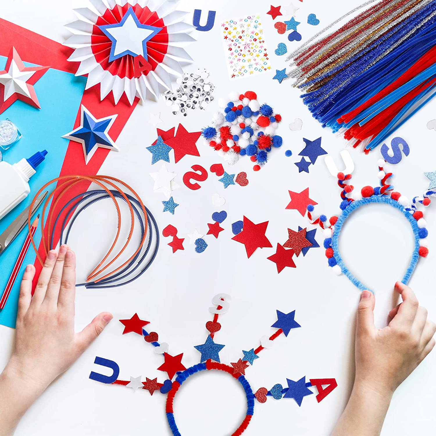 539 PCS Patriotic Headband Kit, 4Th of July Headband Ornament Set Independence Day Hair Decor Crafts for Kids Party Favors Decorations