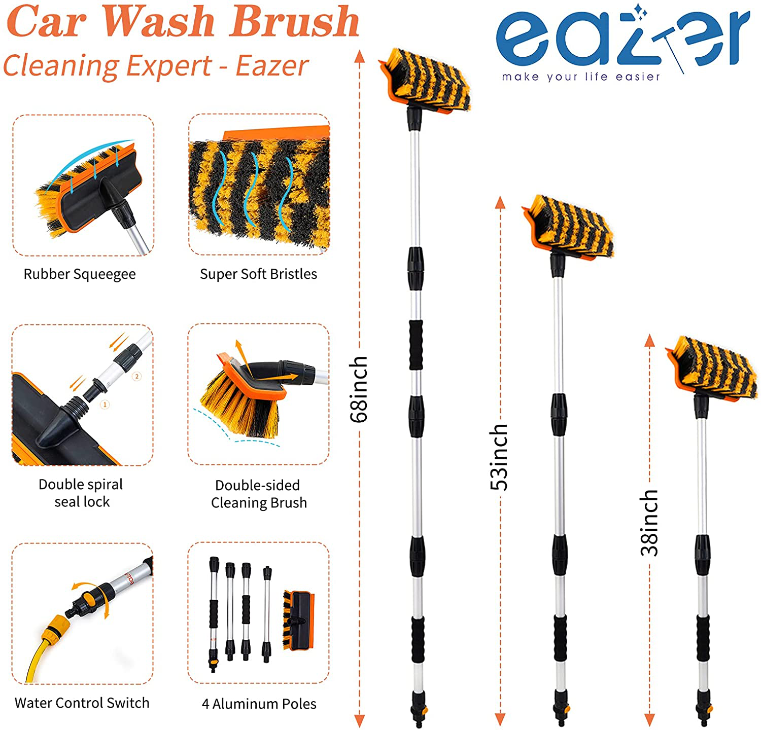 eazer Car Wash Brush with Long Handle & 10-inch 2-Sided Soft Bristle Head, Car Wash Brush Kit Includes Adjustable 68" Flow-Through Handle, Hose Attachment & on/Off Switch for Car, Boat, Truck, SUV