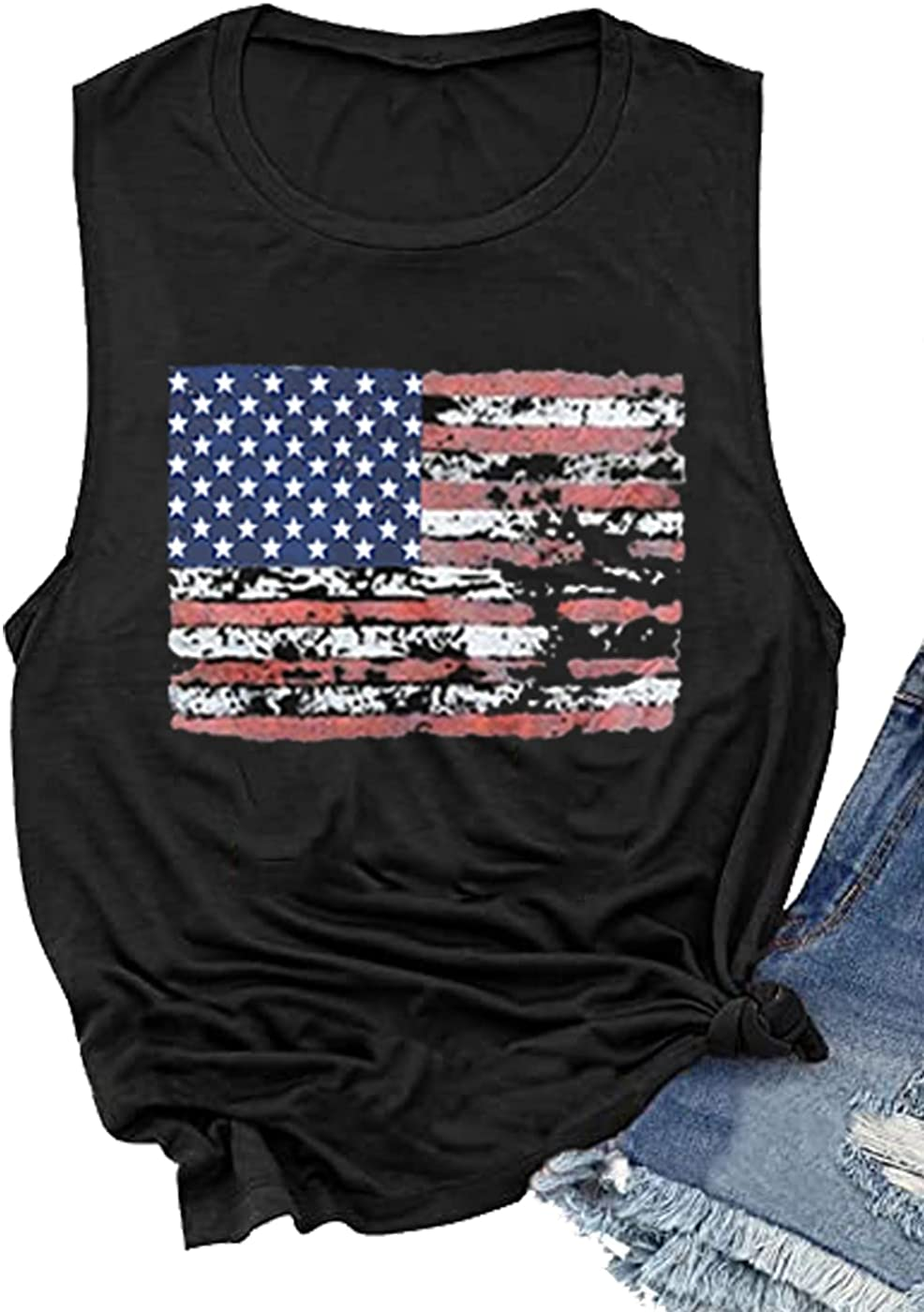 Women's American Flag Camo Sleeveless Tank Tops 4Th of July Racerback Bowknot Stripes Patriotic T Shirts