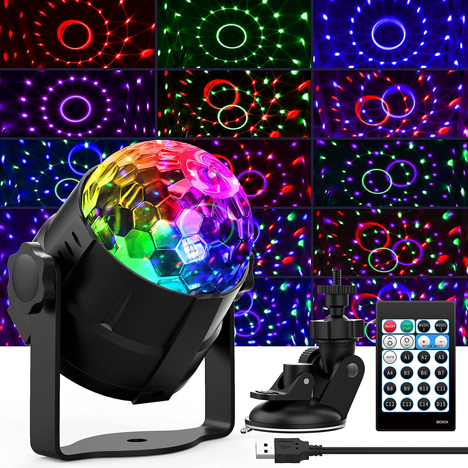 Portable Rotating Sound Activated Disco Ball Party LED 15 Color Lights with Remote Control with USB Plug