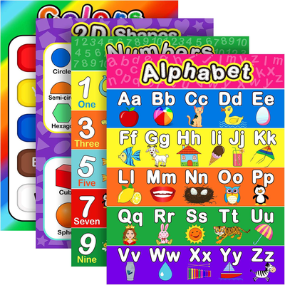 Extra Large Preschool Educational Learning Posters for Kids Toddlers, Nursery Homeschool Pre-K Kindergarten Classroom Decoration, 17 x 22 Inch (4 Pieces, Alphabet, Number 1-10, Shapes, Colors)