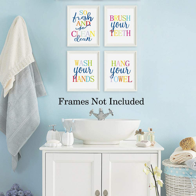 Funny Bathroom Quote&Saying Art Print Watercolor Lettering Sign Wall Art Painting Poster ,Colorful Bathroom Rules Typography Cardstock Poster For Kids Washroom Decor (set of 4, 8’’ x 10’’ ,Unframed)