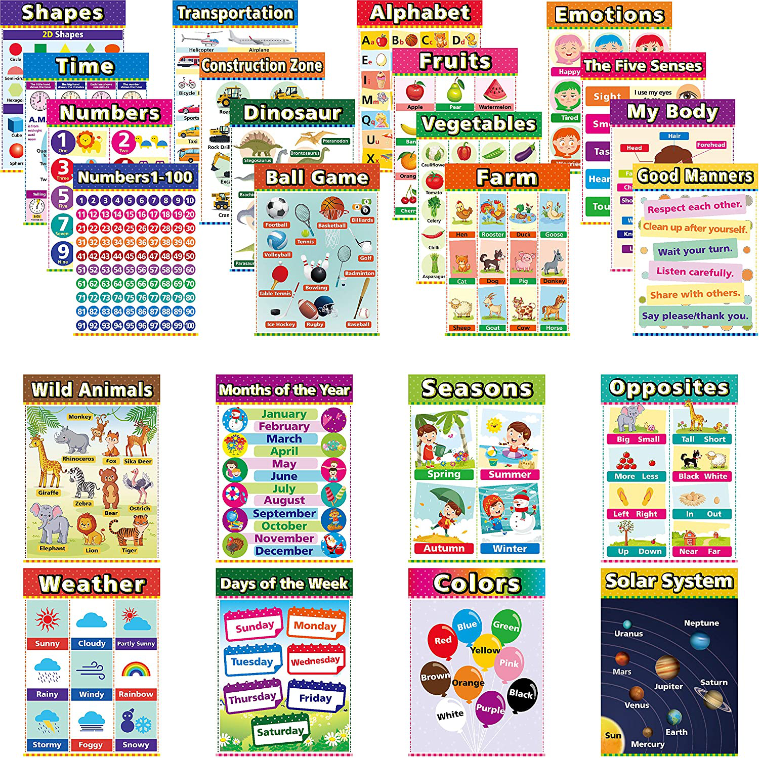 Preschool Poster for Toddlers Wall,Home Schooling Materials for Pre-k,Baby to 3rd Grade Kids,Kindergarten, Daycares, Classroom, Homeschool Teachers -Incl Fruit,Season,Alphabet,Colors, Shapes,and More (12pieces, English Style)