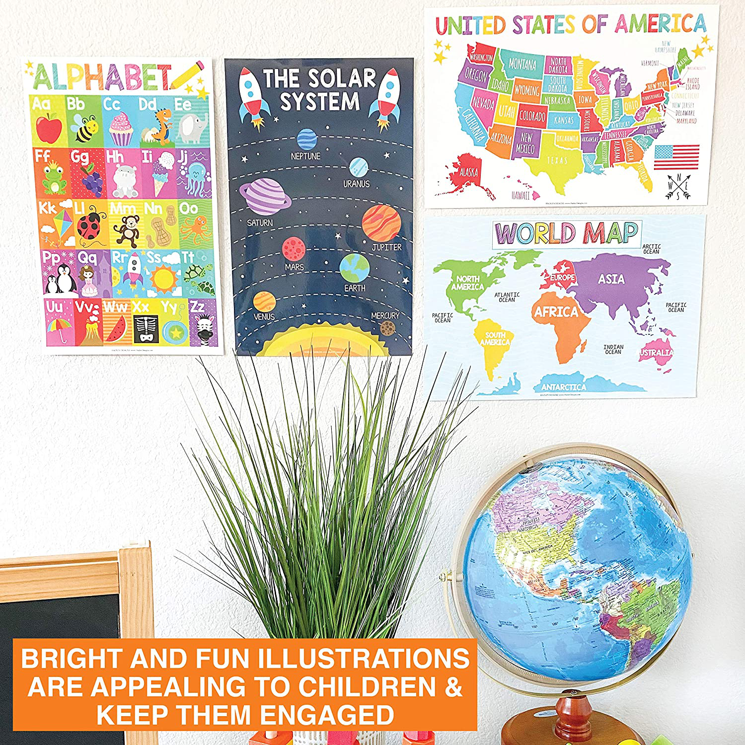 4 Alphabet, Map of United States, World Map, Solar System, ABC Posters Toddlers Wall Art Decor, Planets For Kid Chart, US Travel Map Laminated Kindergarten Classroom Prek Homeschool Supplies 11x17"