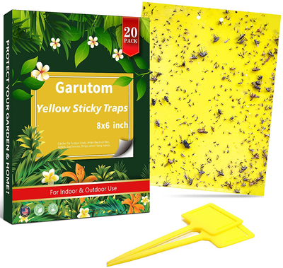 Garutom 20-Pack Dual-Sided Yellow Sticky Traps for Flying Plant Insect Such as Fungus Gnats, Whiteflies, Aphids, Leafminers, Etc (6X8 Inches, Included 20Pcs Twist Ties)