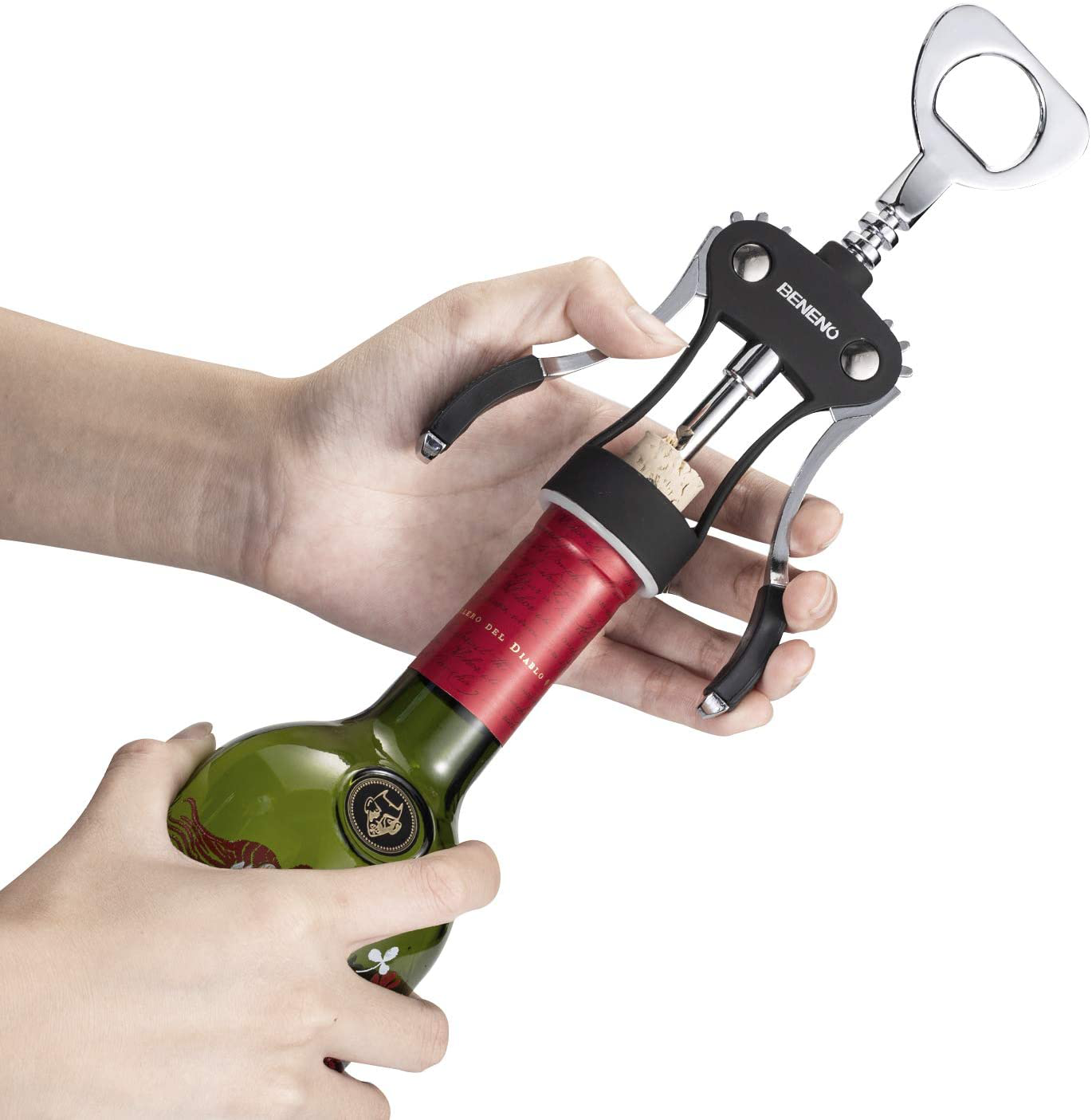 Wine Opener, Zinc Alloy Premium Wing Corkscrew Wine Bottle Opener with Multifunctional Bottles Opener, Upgrade - Black