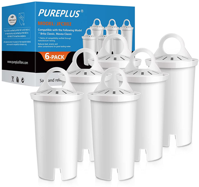 PUREPLUS NSF Certified Pitcher Water Filter, Replacement for Brita Pitchers and Dispensers, Compatible with standard Mavea 107007,Classic 35557,ob03,maxtra,lead removal (Pack Of 6)