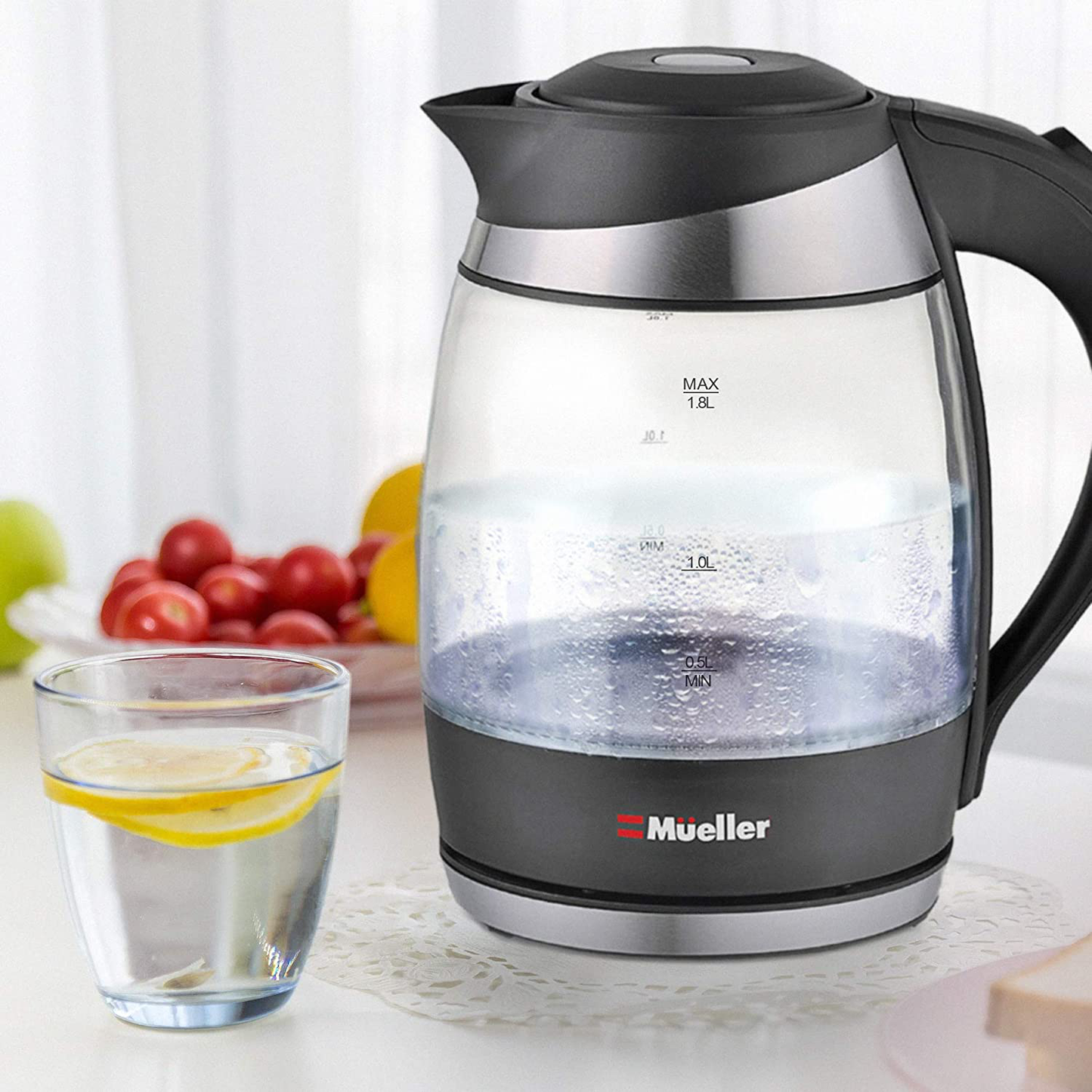 Mueller Ultra Kettle: Model No. M99S 1500W Electric Kettle with SpeedBoil Tech, 1.8 Liter Cordless with LED Light, Borosilicate Glass, Auto Shut-Off and Boil-Dry Protection