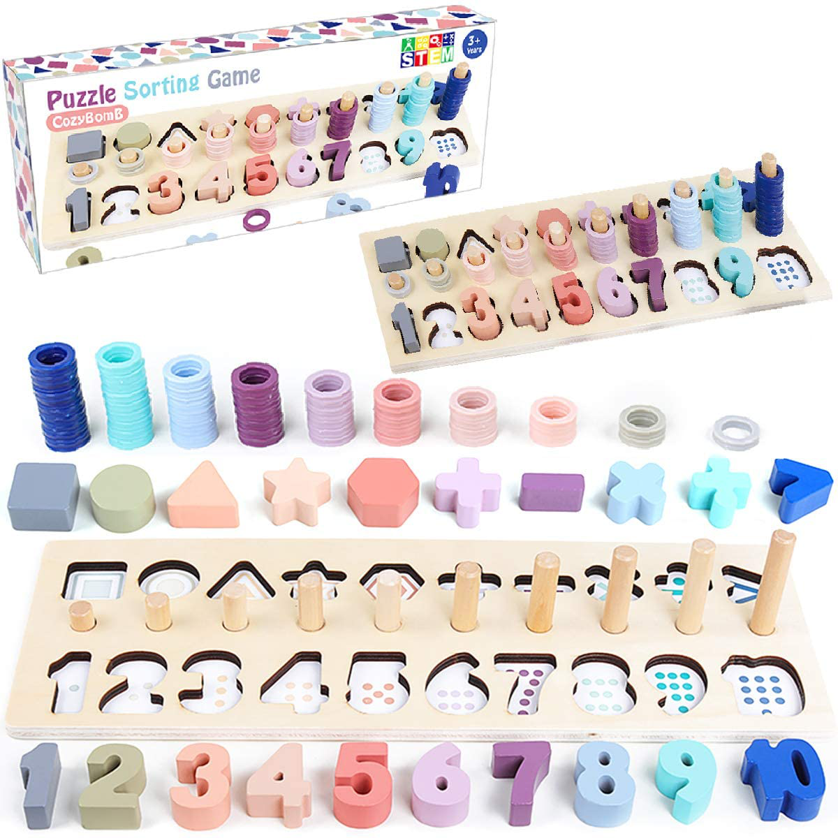 CozyBomB Wooden Number Puzzle for Kids - Montessori Toys for Toddlers Learning Age 3 4 5 Years Old - Wooden Counting Blocks Sorting Toys Shape Block Educational Toys Preschool Activities Stacking Toy