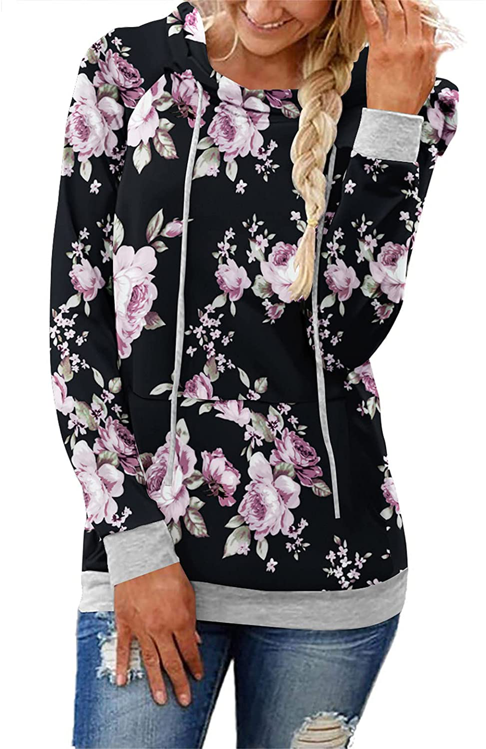 onlypuff Womens Fashion Hoodie Sweatshirt Floral Hoodies Casual Kangaroo Pocket Tunic Tops