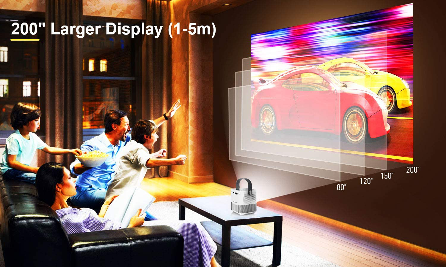 FANGOR Wifi Projector, 200" Display&1080P Supported, 360° Speaker/Bluetooth, 6000L Portable Wireless Mini Projector for Outdoor Movie, Sync Smartphone Screen via Wifi/Usb Cable, for Ios/Android