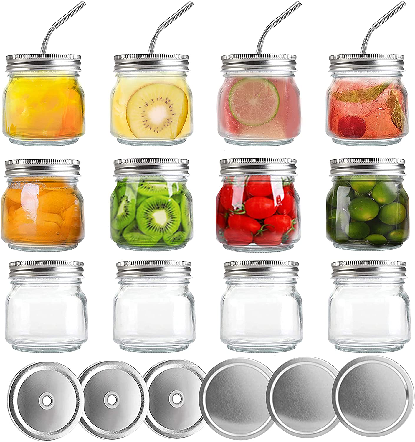 Cedilis 12 Pack Mason Jars with 12pcs Straw Lids and 12pcs Regular Lids, Drinking Glass Jars Airtight Canning Jars Jelly Jars for Meal Prep, Jam, Honey, Shower Favors, Baby Foods, Salads, Yogurt (8oz)