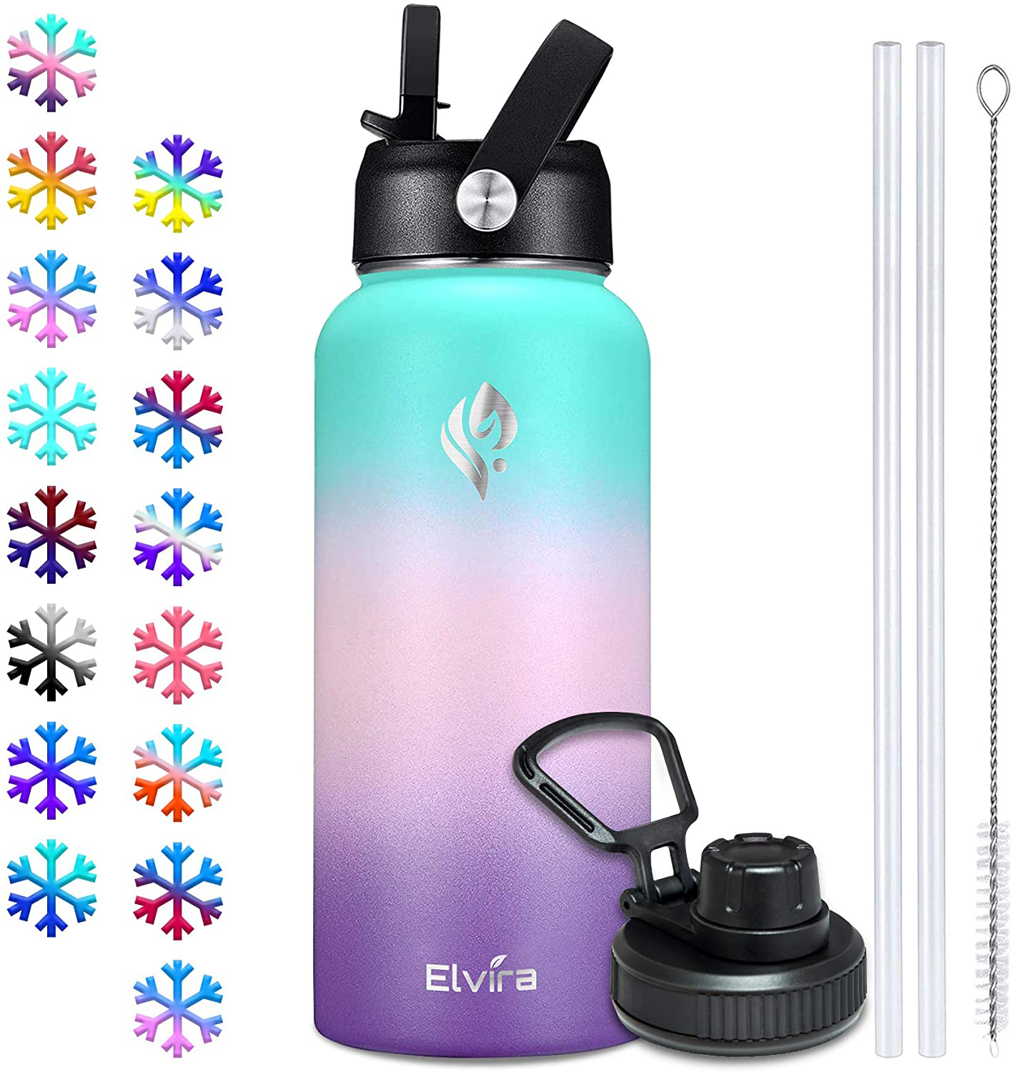 Elvira 32oz Vacuum Insulated Stainless Steel Water Bottle with Straw & Spout Lids, Double Wall Sweat-Proof BPA Free to Keep Beverages Cold for 24Hrs or Hot for 12Hrs