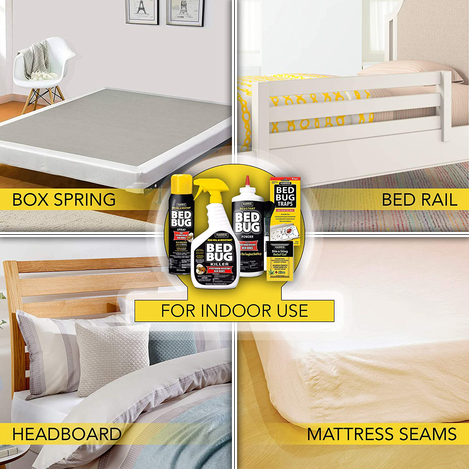 Harris Bed Bug Killer Value Bundle Kit - 32oz Bed Bug Killer, 16oz Aerosol Spray, 4oz Bed Bug Powder w/ Brush, 4-Pack Bed Bug Detection Glue Traps and Bed Bug Bite Relief Gel