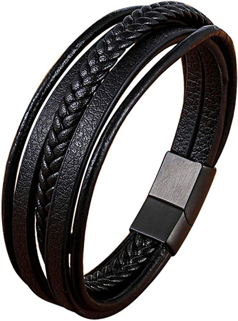 Multi-Layer Braided Leather Bracelets with Magnetic Clasp Mens Cuff Bracelets for Men Genuine Leather Bracelet Christian Leather Bracelet Cross Religious Leather Bracelets