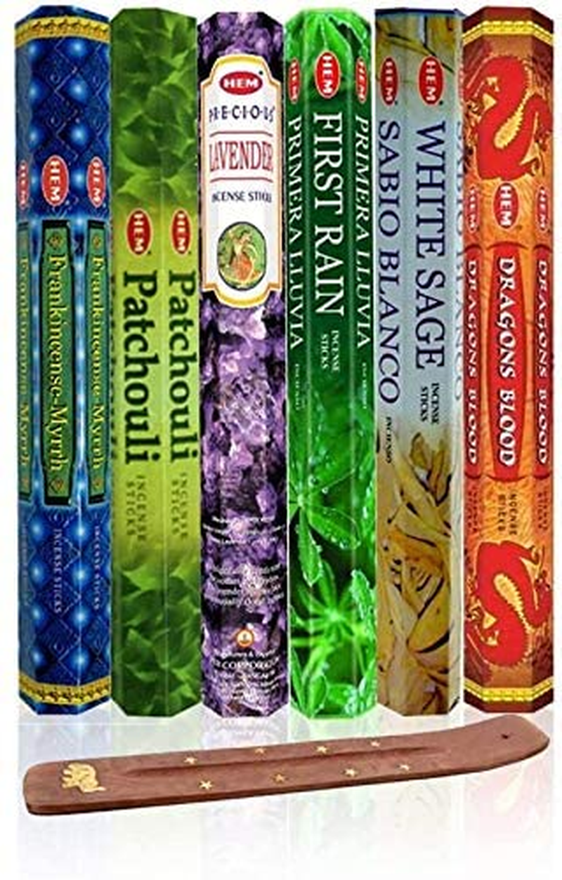 HEM Assorted Best Sellers Incense Sticks Pack of 6 - 120 Sticks, Fragrance - Lemongrass, Lavender, Egyptian Jasmine, Ambar Sandalo, Opium, Eucalyptus
