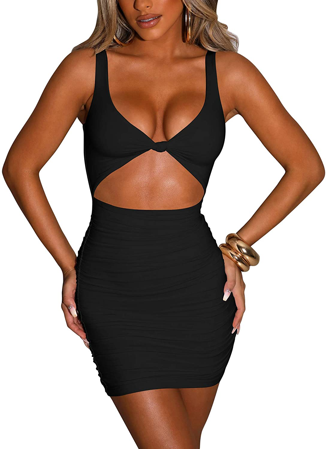 Kaximil Women's Sexy Bodycon Sleeveless Cut Out Ruched Tank Mini Club Party Dresses