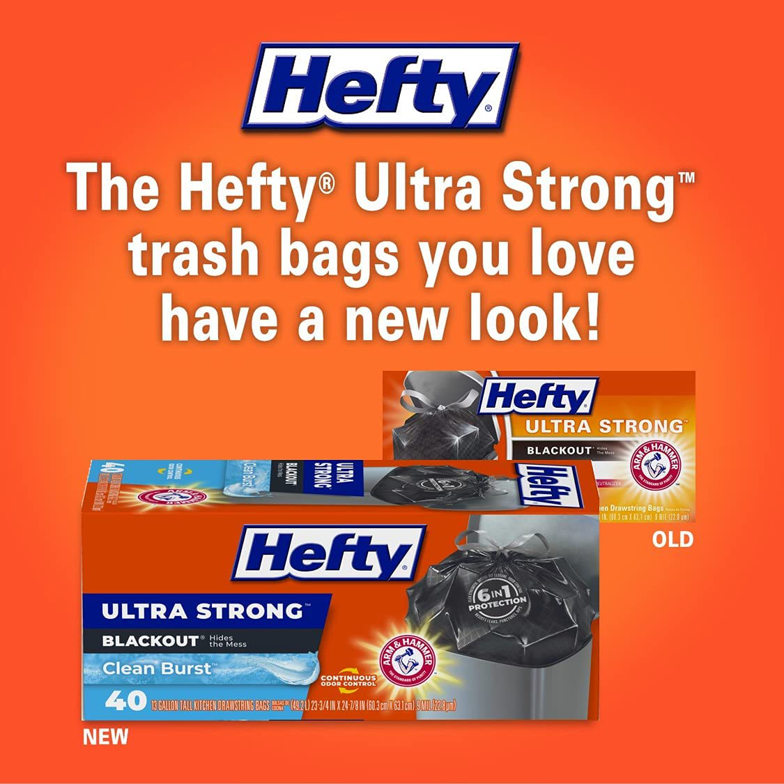 Hefty Ultra Strong Tall Kitchen Trash Bags, Blackout, Clean Burst, 13 Gallon (Packaging May Vary)