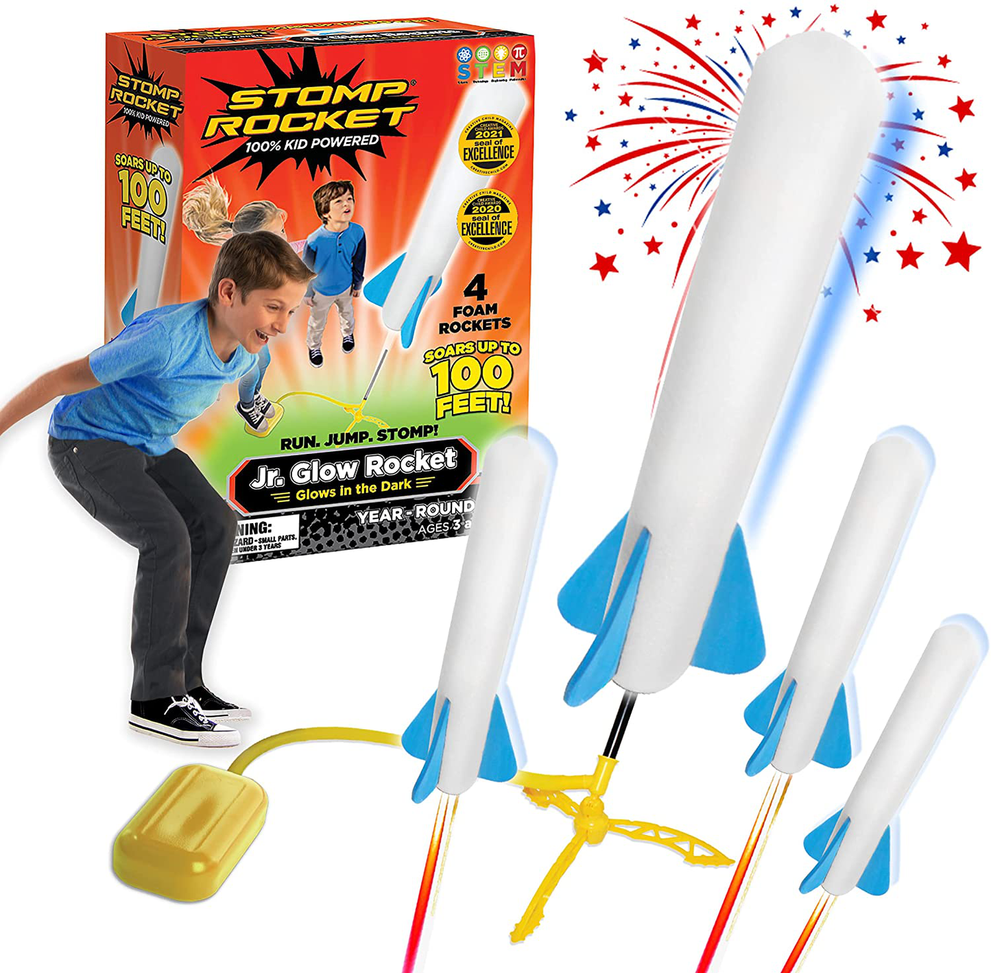 Stomp Rocket The Original Jr. Glow Rocket Refill Pack, 3 Rockets - Glows in The Dark, Outdoor Rocket Toy Gift for Boys and Girls- Ages 3 Years and Up