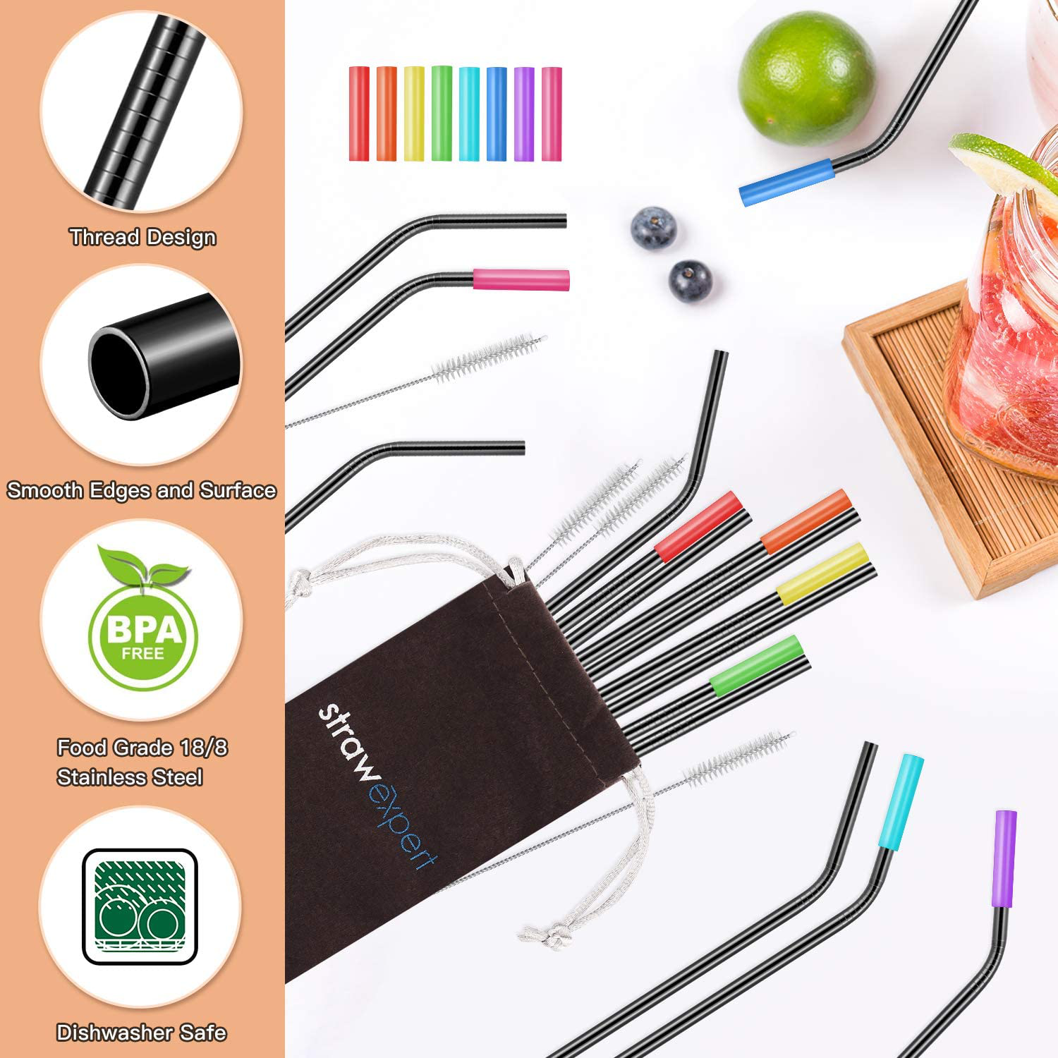 Reusable Metal Straws with Silicone Tip & Travel Case & Cleaning Brush,Long Stainless Steel Straws Drinking Straw for 20 and 30 oz Tumbler