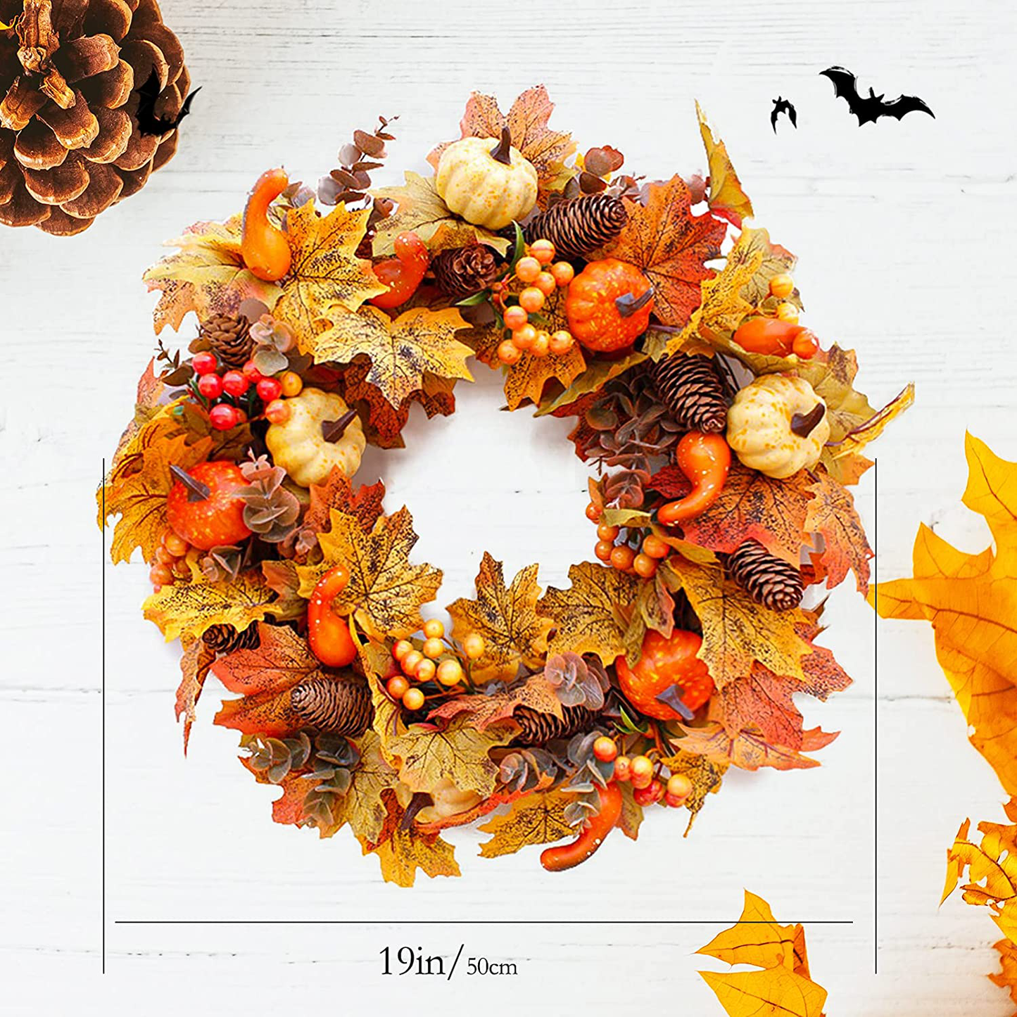 Souarts 17-18" Fall Wreath for Front Door, Maple Leaf Fall Thanksgiving Wreath, Fall Front Door Wreath for Indoor Outdoor Home Office Wall Holiday Halloween Thanksgiving Fall Decor Wreath