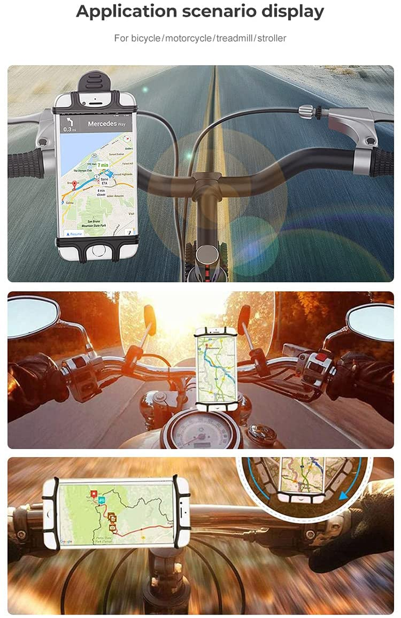Bike Phone Mount Compatible with Most Phones 360 Rotation Silicone Bicycle Phone Holder, Universal Motorcycle Handlebar Mount Compatible with Iphone and Samsung 4.0”- 6.5” in Phones, Black