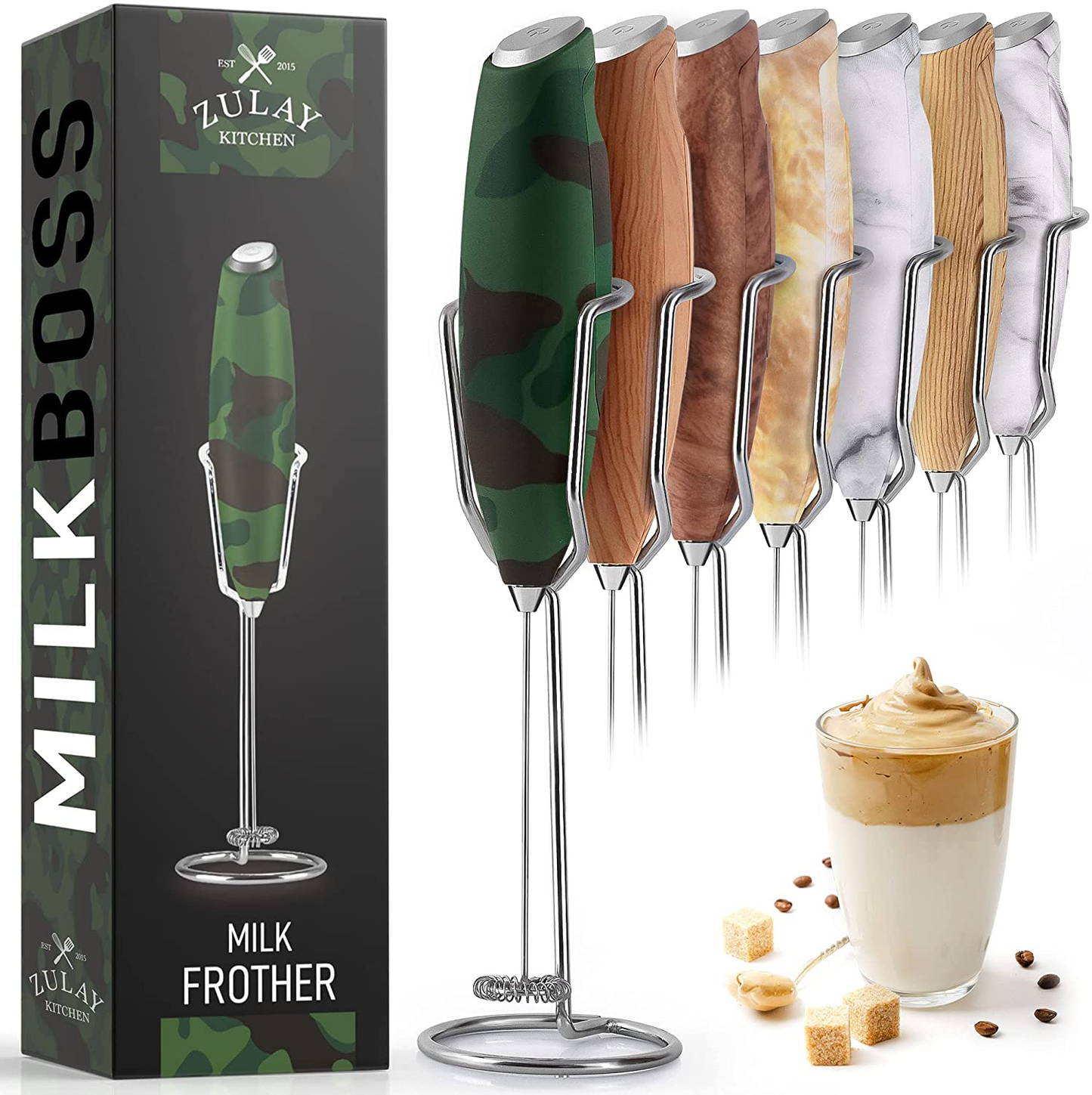 Zulay Milk Frother Handheld Foam Maker with Upgraded Holster Stand - Powerful Coffee Frother Electric Handheld Mixer - Battery Operated Frother for Coffee with Stainless Steel Electric Whisk (Marble)