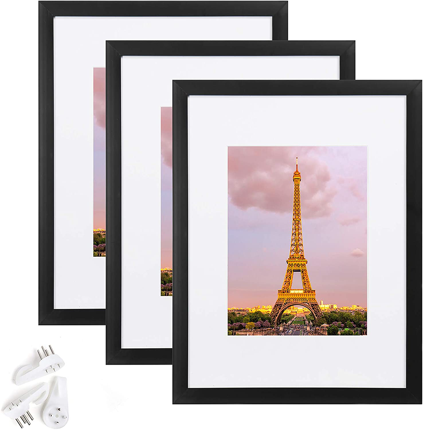upsimples 9x12 Picture Frame Set of 3,Made of High Definition Glass for 6x8 with Mat or 9x12 Without Mat,Wall Mounting Photo Frame Black