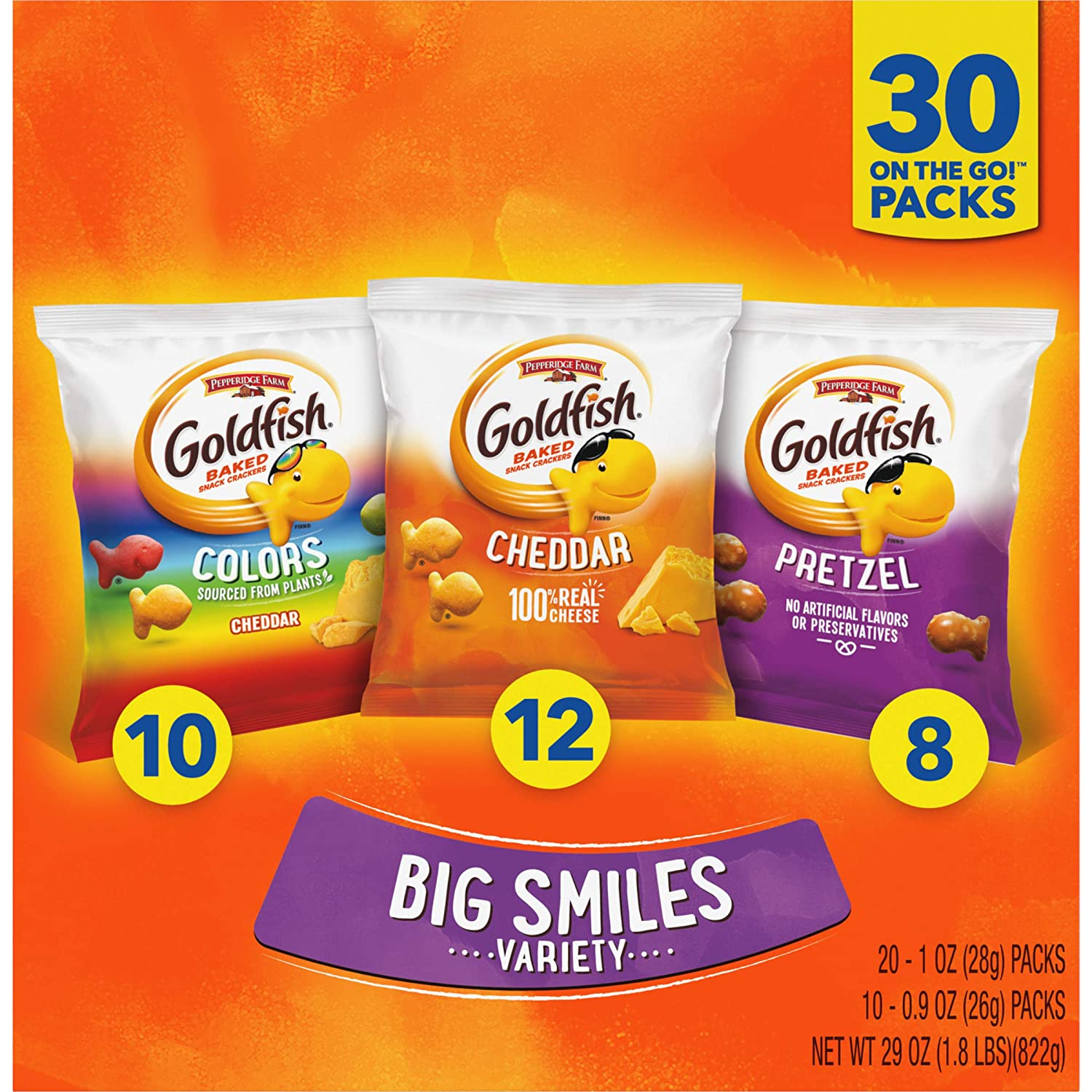 Pepperidge Farm Goldfish Crackers Big Smiles Variety Pack Box, 30-Count Snack Packs