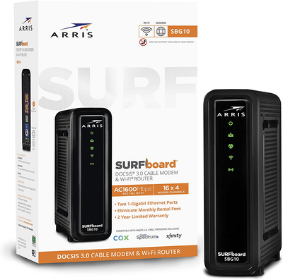 ARRIS Surfboard SBG10 DOCSIS 3.0 Cable Modem & AC1600 Dual Band Wi-Fi Router, Approved for Cox, Spectrum, Xfinity & Others