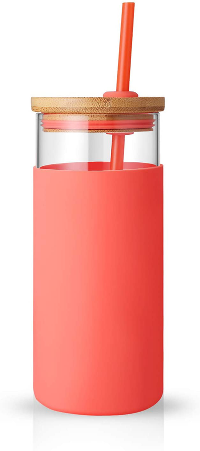 tronco 20oz Glass Tumbler Straw Silicone Protective Sleeve Bamboo Lid - BPA Free (Living Coral)