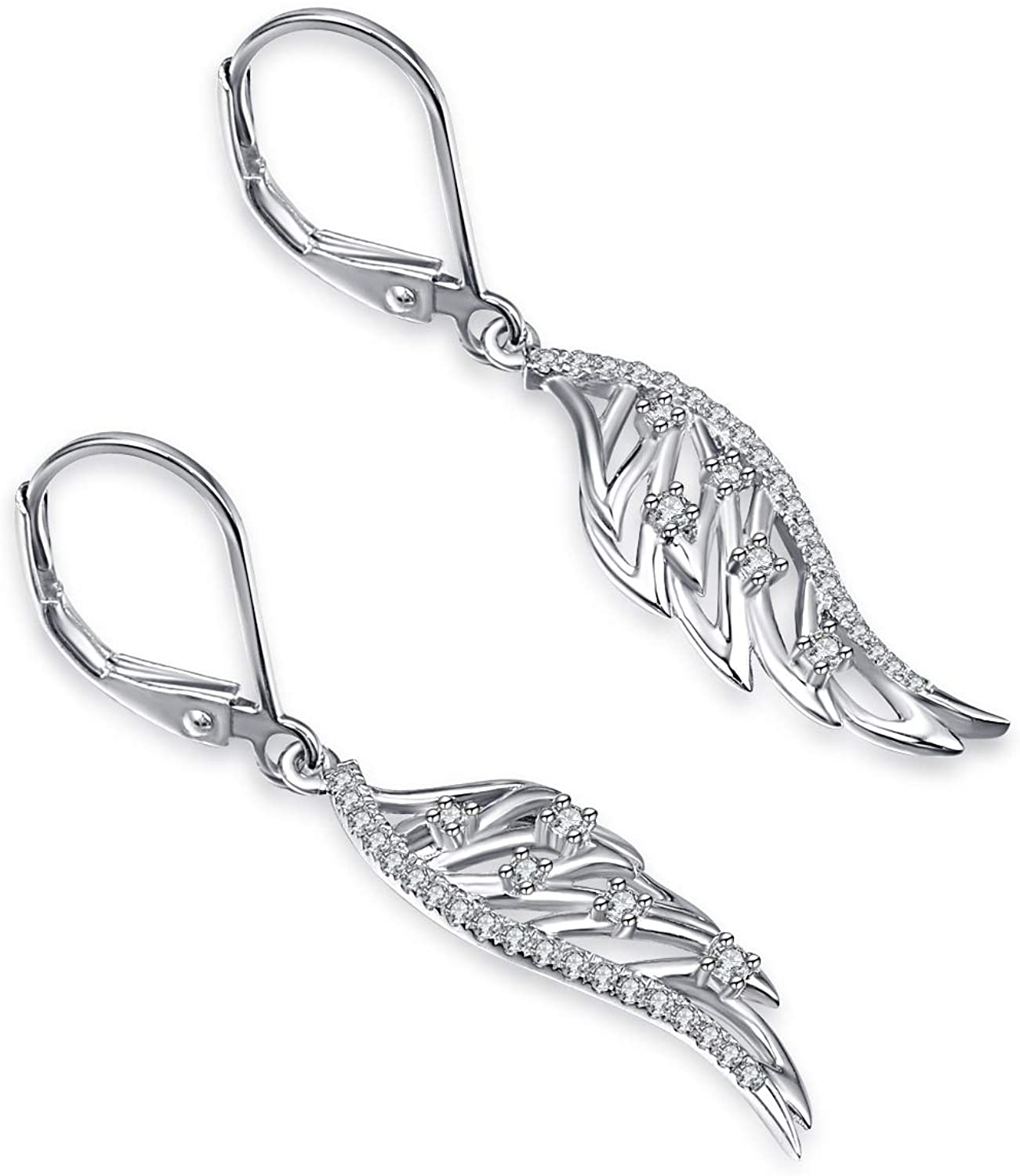 Women'S Angel Wings Sterling Silver Leverback Dangle Earrings with Cubic Zirconia Hypoallergenic Jewelry