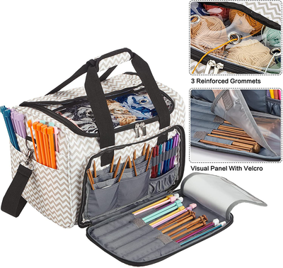 HOMEST Yarn Storage Bag, Large Organizer for Crochet Hooks, Needles, Yarn Skeins and Accessories, Knitting Tote with Removable Inner Dividers, Ripple (Patent Pending)