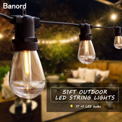 Banord 51FT Outdoor Shatterproof LED String Lights, Waterproof 17 Hanging Sockets with 18 x Dimmable LED Bulb Garden Light String, Waterproof Vintage Patio Lights for Wedding Party