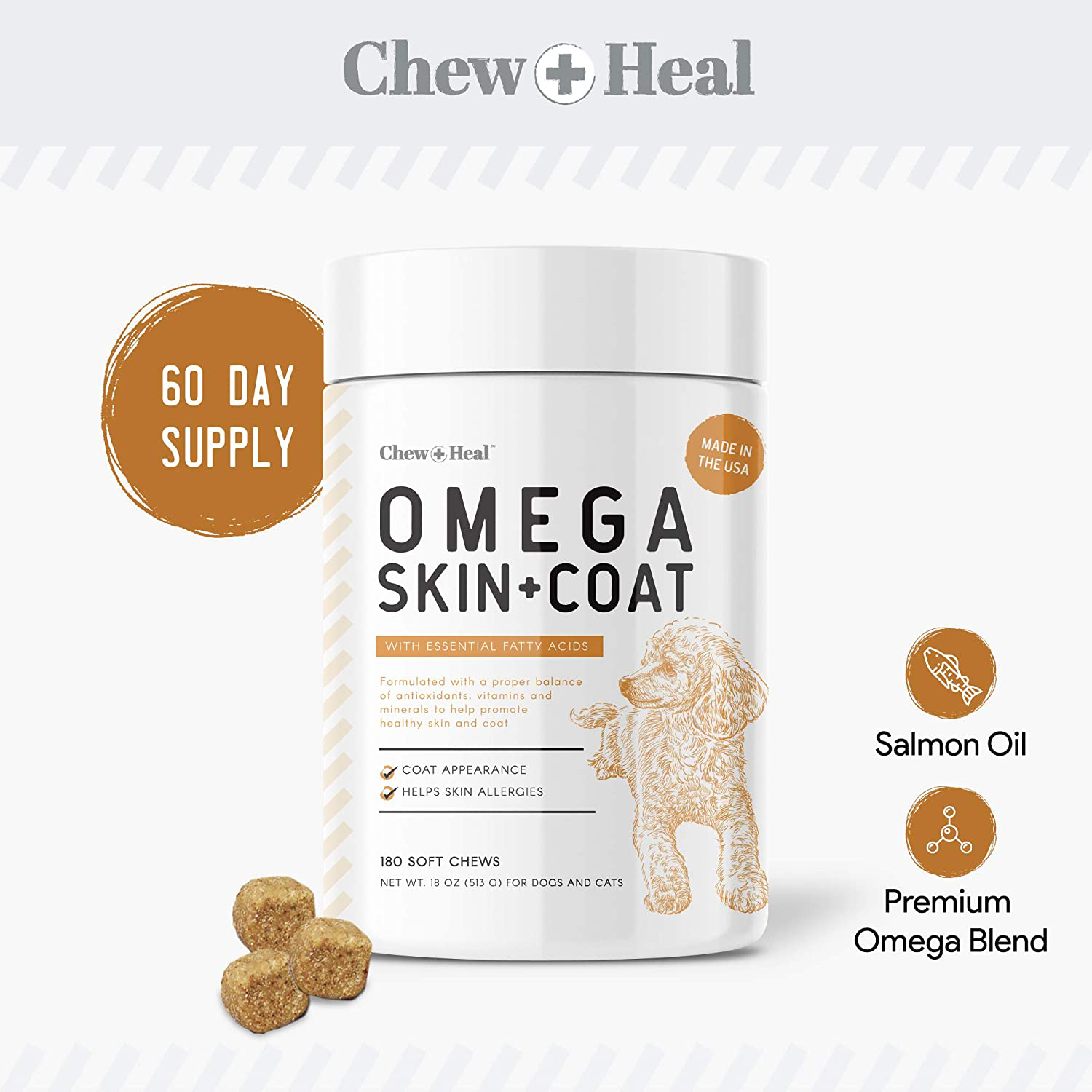 Omega Treats for Skin and Coat - Fish Oil Blend of Essential Fatty Acids, Omega 3, 6, and 9, Vitamins, Antioxidants and Minerals - Made in USA