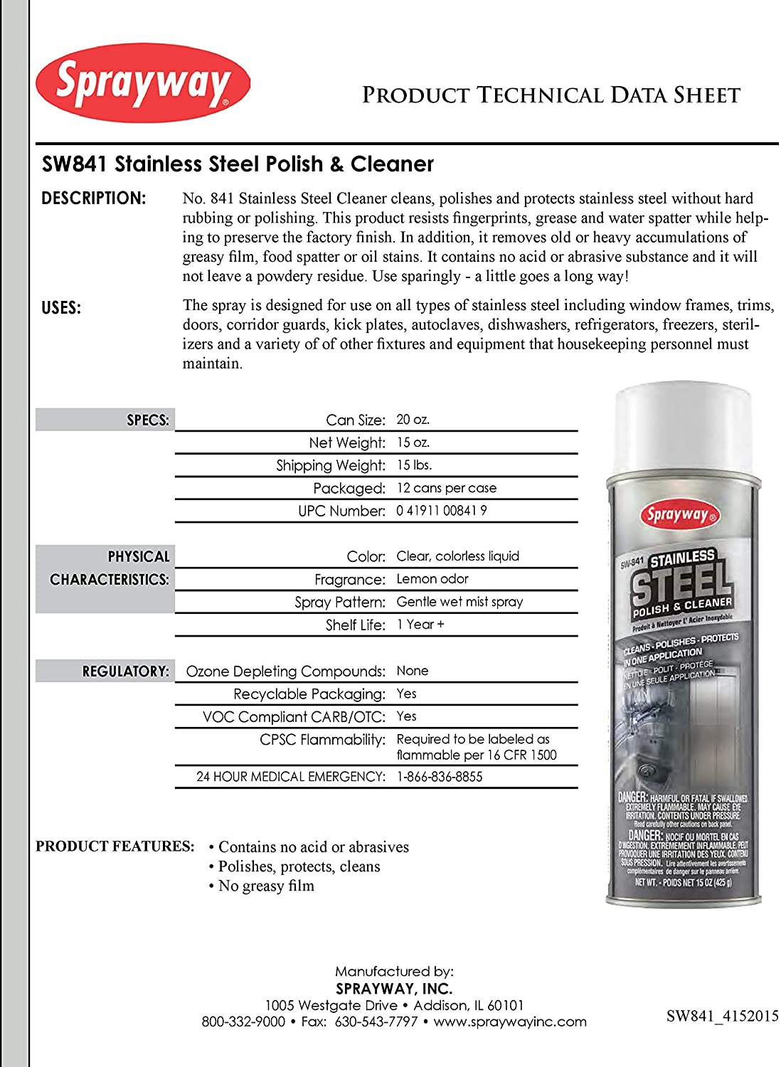 Sprayway SW841 Stainless Steel Cleaner and Polish, Protects and Preserves, Resists Streaks and Finger Prints, 15 Oz
