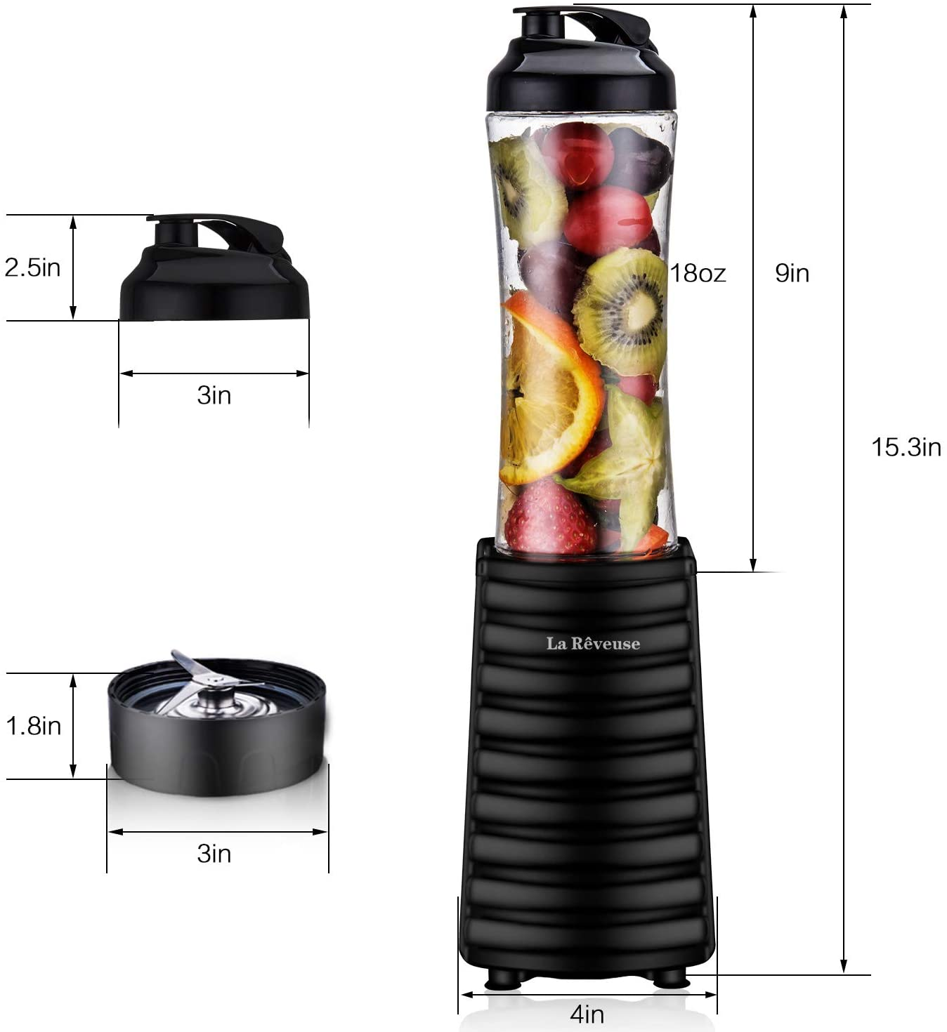 La Reveuse Smoothies Blender 300 Watt with 18 Oz BPA Free Portable Travel Sports Bottle (Black)