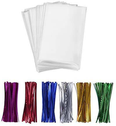 200 Treat Bags with 200 4" Twist Ties 6 Mix Colors - 1.4mils Thickness OPP Plastic Bags (4'' x 6'')