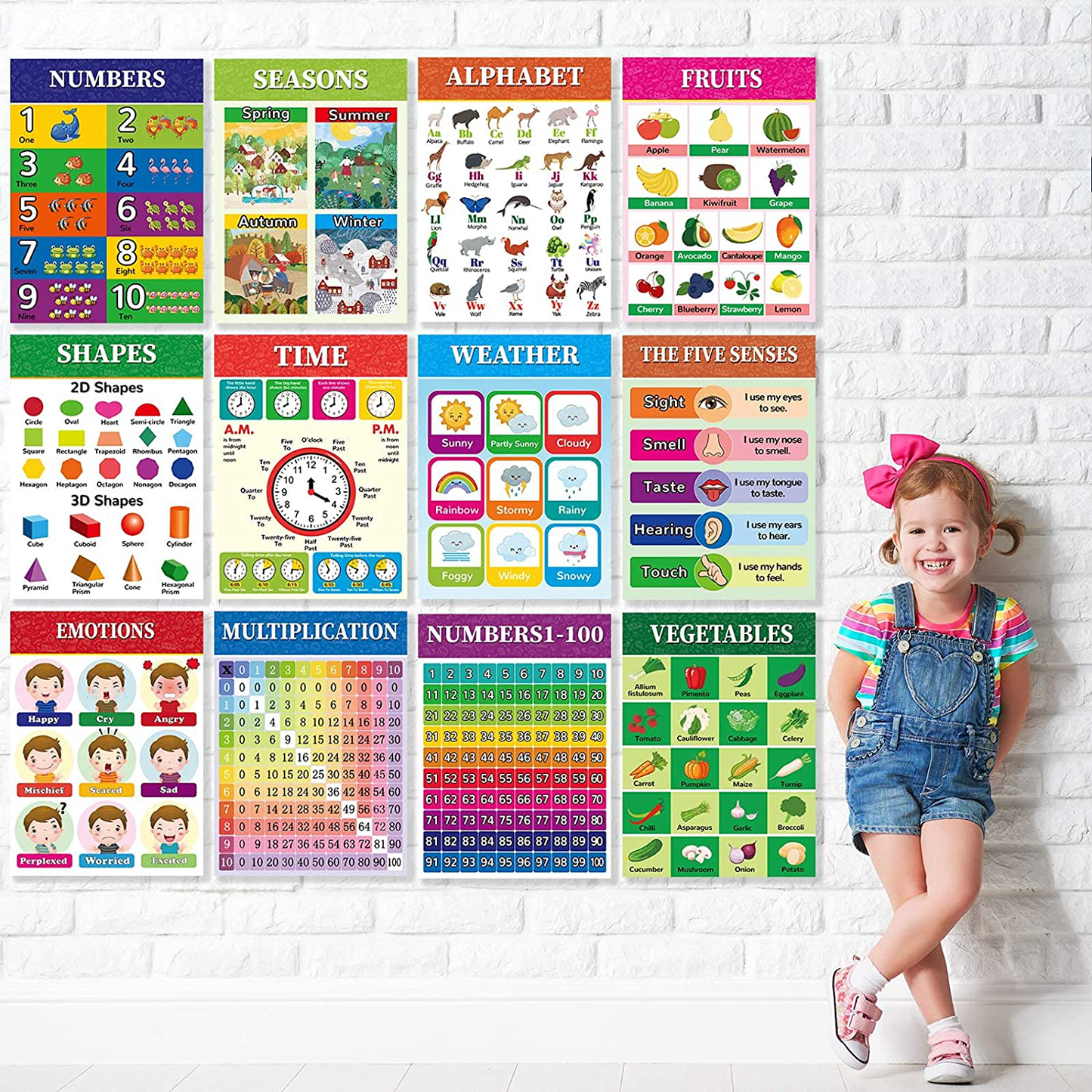 Educational Preschool Poster for Toddler and Kid with Glue Point Dot for Nursery Homeschool Kindergarten Classroom-Teach ABC Poster,Numbers,Time,Shapes and More 16 x 11 Inch (12 Pieces)