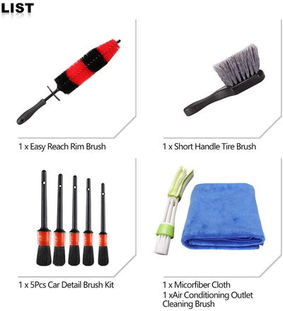 SPTA 9Pcs Wheel & Tire Brush Car Detailing kit, Easy Reach Wheel and Rim Brush, 5pcs Detailing Brushes, Short Handle Cleaning Brush, 1pc Microfiber Cleaning Cloth, Great to Clean Dirty Tires
